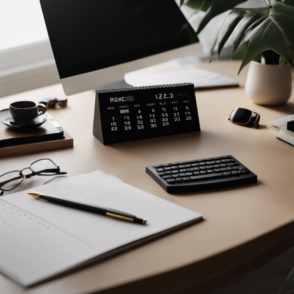 An image showcasing a serene, minimalist workspace with a neatly organized desk, a sleek digital calendar, and a clock displaying balanced hands, symbolizing harmony in time management and the art of simplifying a hectic schedule