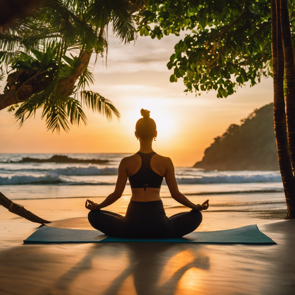 An image featuring a vibrant sunrise over a tranquil beach, with a woman practicing yoga on a mat, surrounded by lush greenery