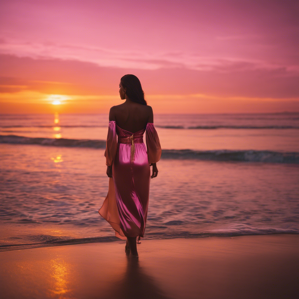 An image showcasing a serene beach at sunrise, with vibrant hues of golden and pink blending in the sky, casting a warm glow on a figure standing confidently, symbolizing strength and resilience