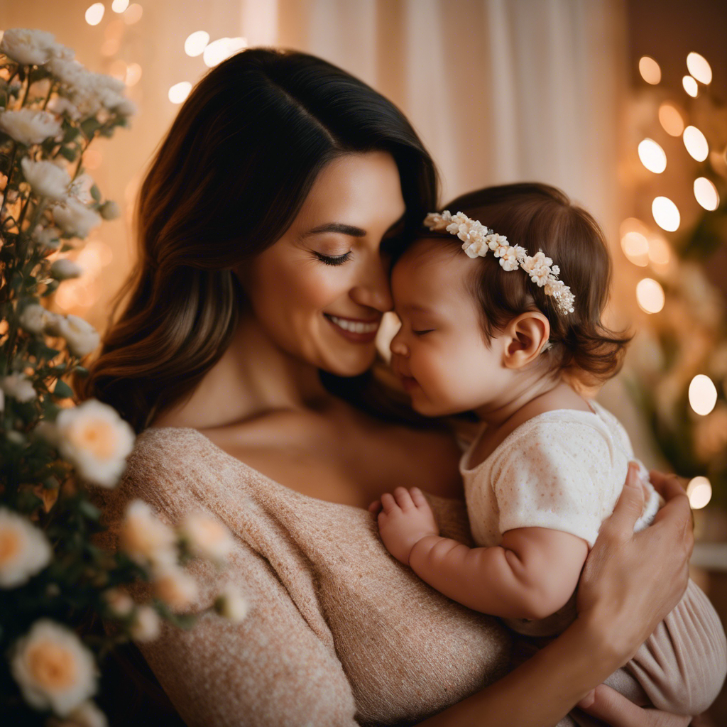 An image showcasing a radiant new mom cradling her baby in her arms, surrounded by a soft, warm glow