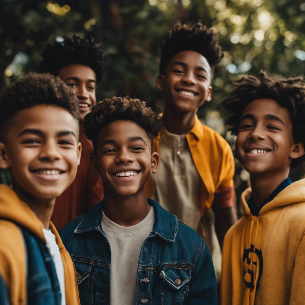 An image showcasing a diverse group of confident teen boys standing tall with beaming smiles, radiating positivity