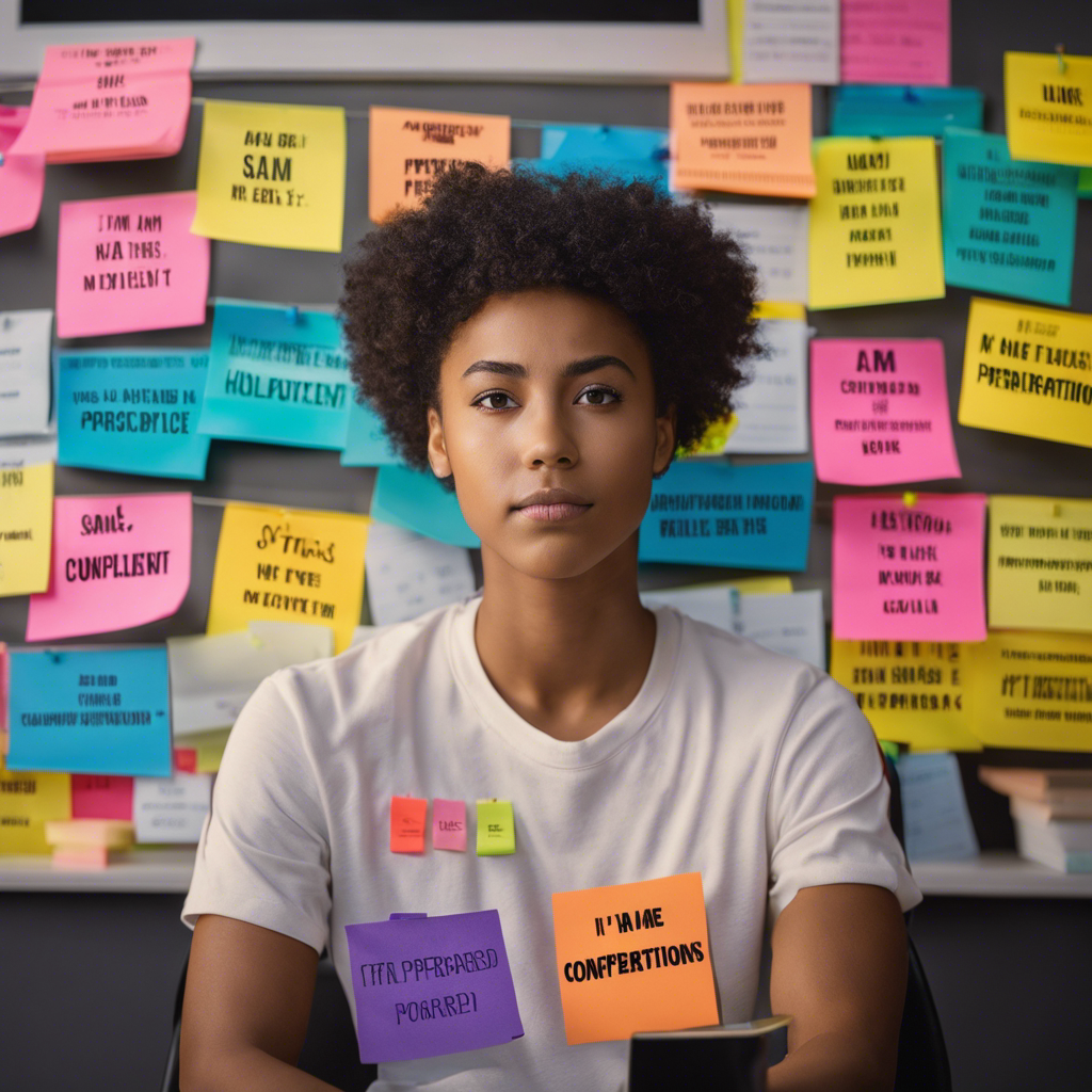 An image showcasing a calm and focused student sitting at a desk, surrounded by colorful and uplifting sticky notes with phrases like "I am confident" and "I am prepared," providing a visual reminder of positive affirmations for test taking
