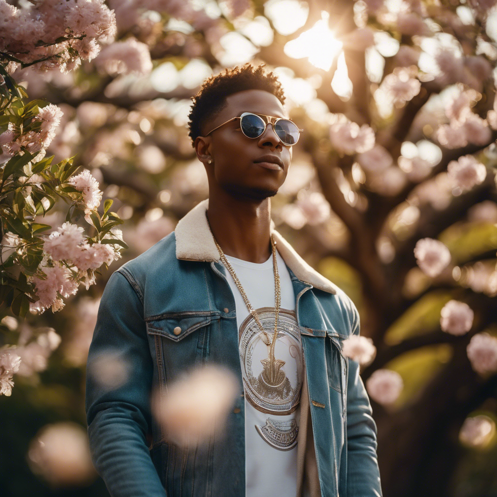 An image featuring a confident young black male, surrounded by uplifting symbols of success and growth, such as a soaring eagle, a blooming tree, and a shining sun, radiating positivity and empowerment