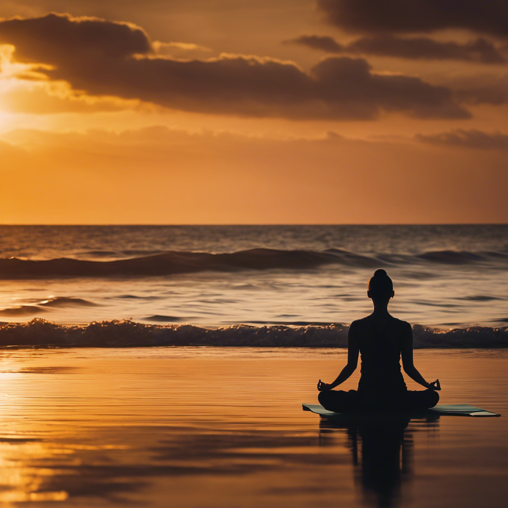 An image showcasing a serene beach scene at sunset, with a silhouette of a person meditating on a yoga mat