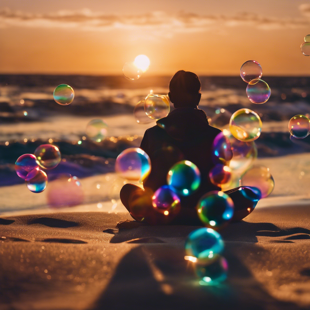 An image showcasing a serene beach at sunset, where a person sits cross-legged on the sand, surrounded by glowing, colorful bubbles