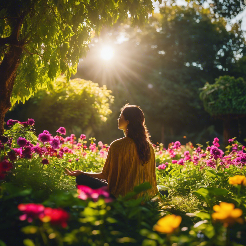 An image showcasing a lush garden with vibrant flowers blooming amidst rays of sunshine, while a person peacefully meditates under a tree, symbolizing the power of daily affirmations to nurture a positive mindset