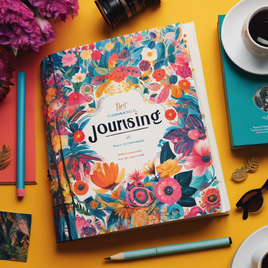 An image showcasing a vibrant journal filled with colorful pages, adorned with thought-provoking illustrations and captivating prompts