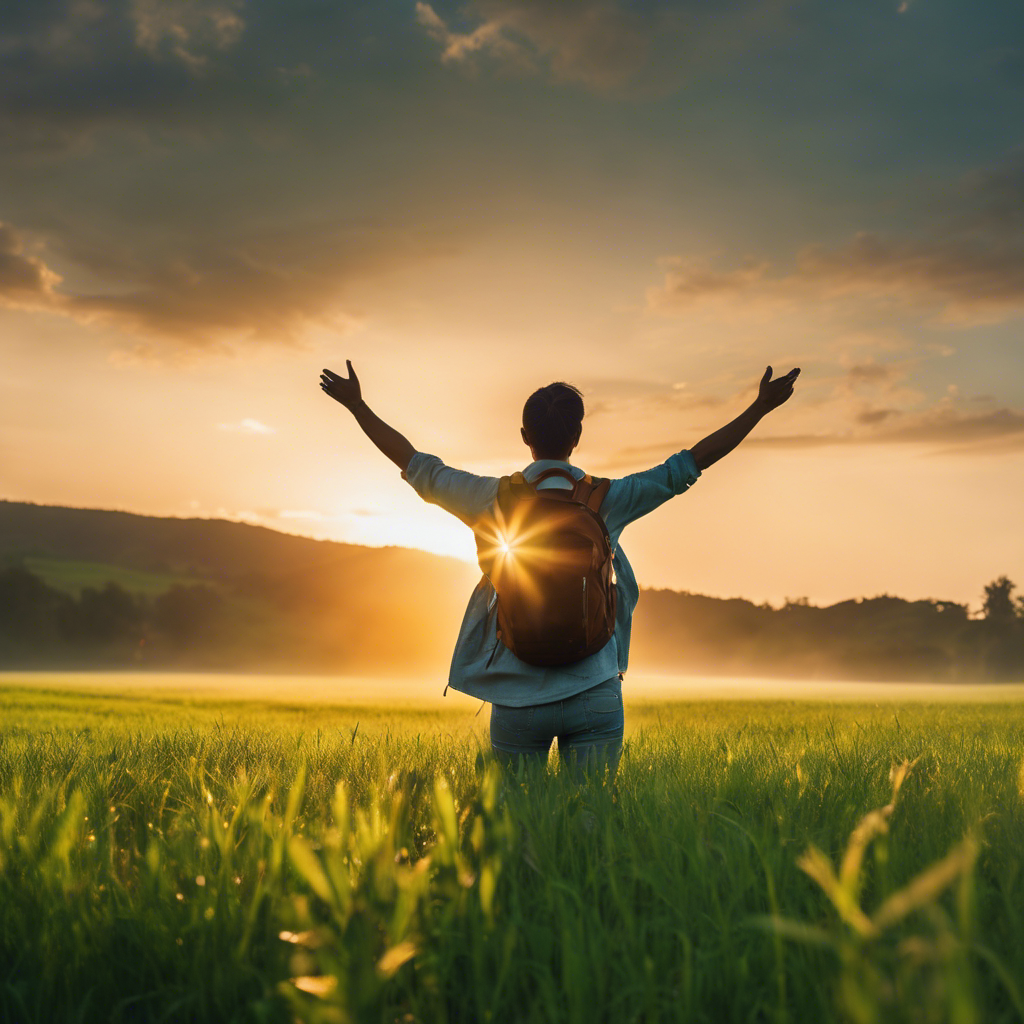 An image featuring a serene sunrise over a lush green meadow, where a person stands confidently, arms raised in triumph, surrounded by a vibrant aura of energy and positivity