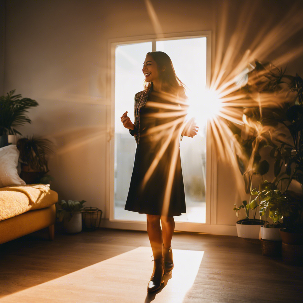 An image showing a person standing in front of a mirror, surrounded by vibrant rays of sunlight