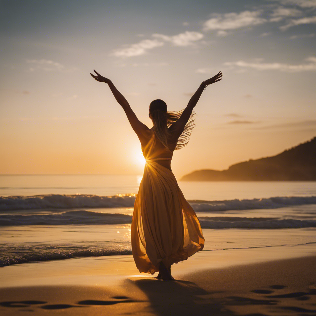 An image of a serene sunrise over a calm ocean, casting a golden glow on a figure in warrior pose on a secluded beach, radiating inner strength and confidence
