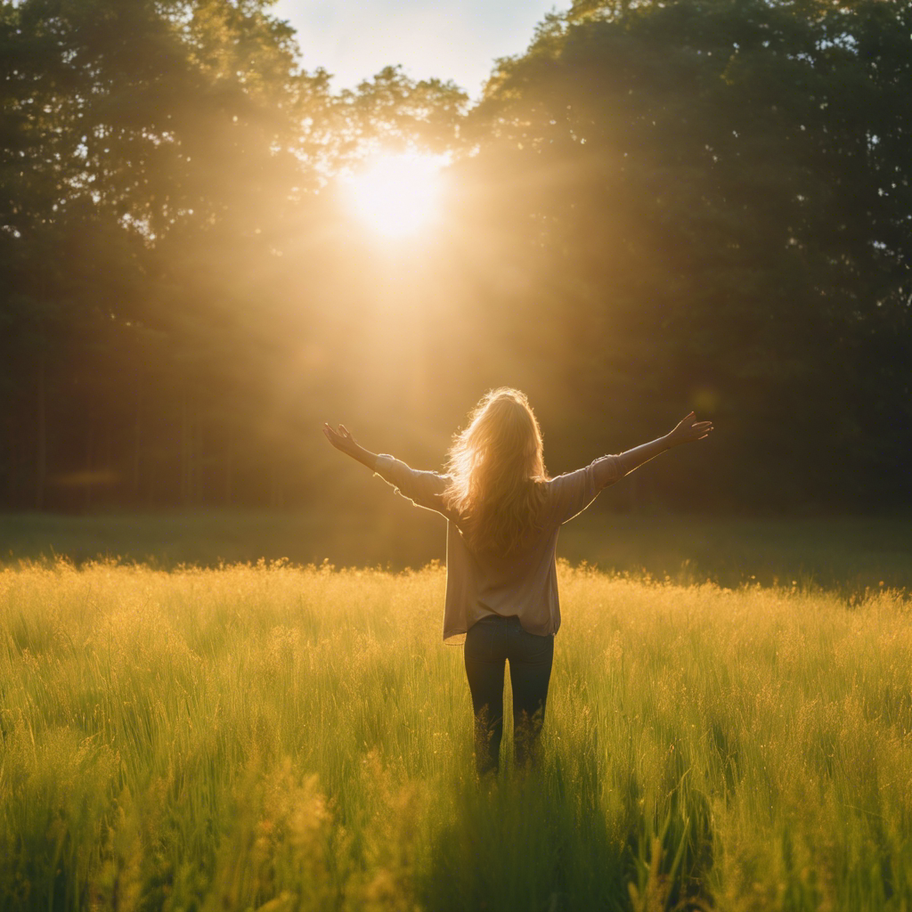 An image depicting a serene sunrise over a lush, vibrant meadow, where a person stands confidently with arms outstretched, as rays of sunlight illuminate their face, symbolizing the transformative power of positive affirmations