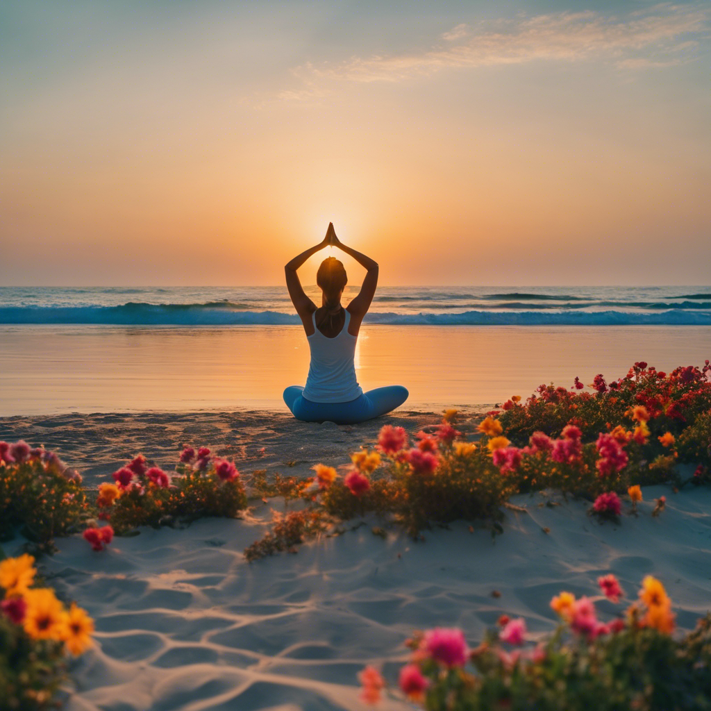 An image showcasing a serene beach scene at sunrise, with a person practicing yoga on the shore