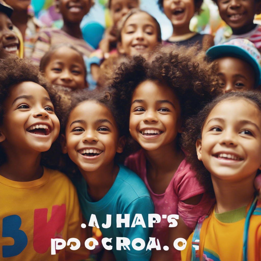 An image of a group of diverse children, all wearing bright, happy expressions, surrounded by colorful, uplifting words and symbols, symbolizing positive affirmations