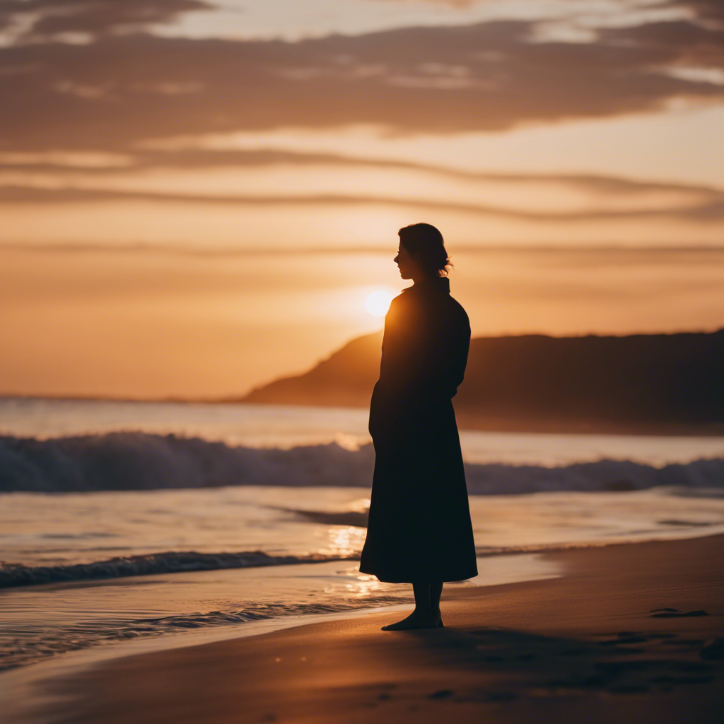 An image capturing a serene beach sunset with a solitary figure, standing amidst the waves, facing the horizon