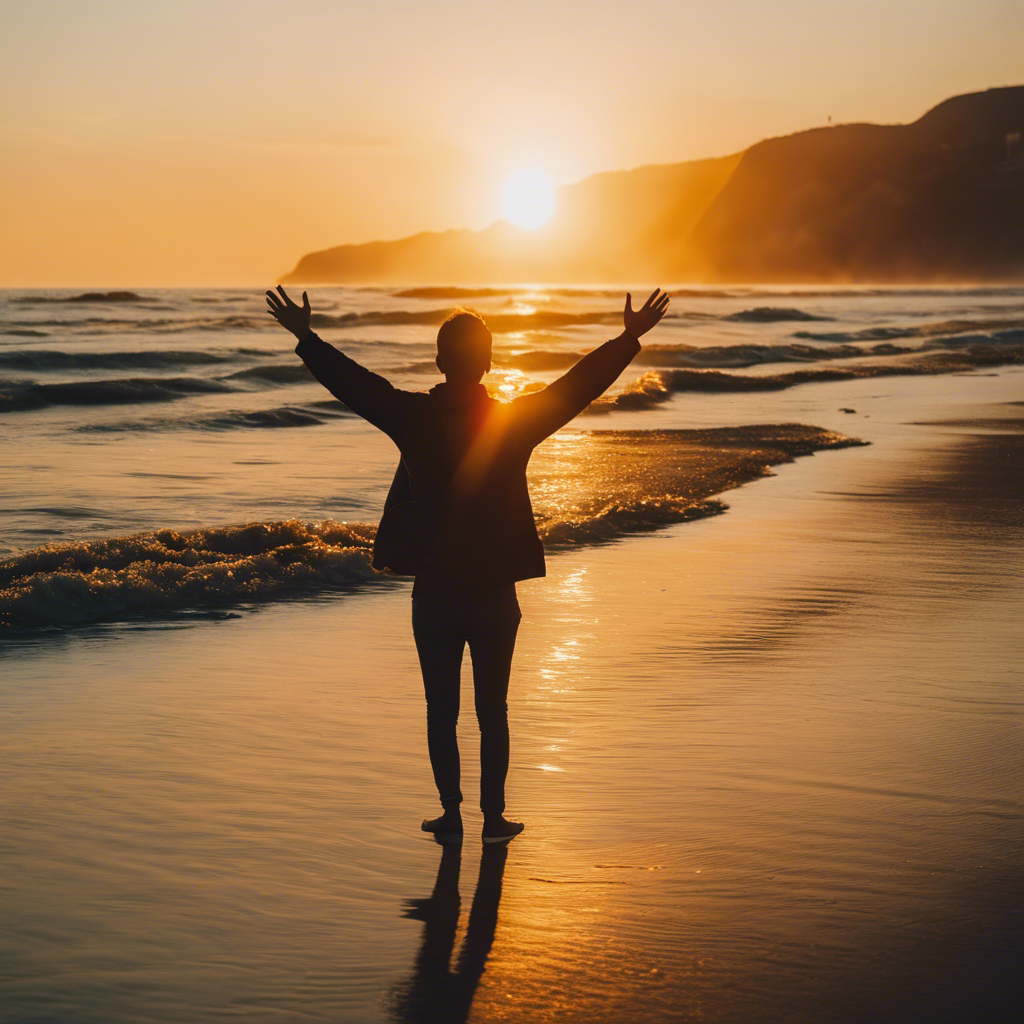 An image featuring a serene beach at sunrise, where a person stands with arms wide open, surrounded by vibrant rays of sunlight