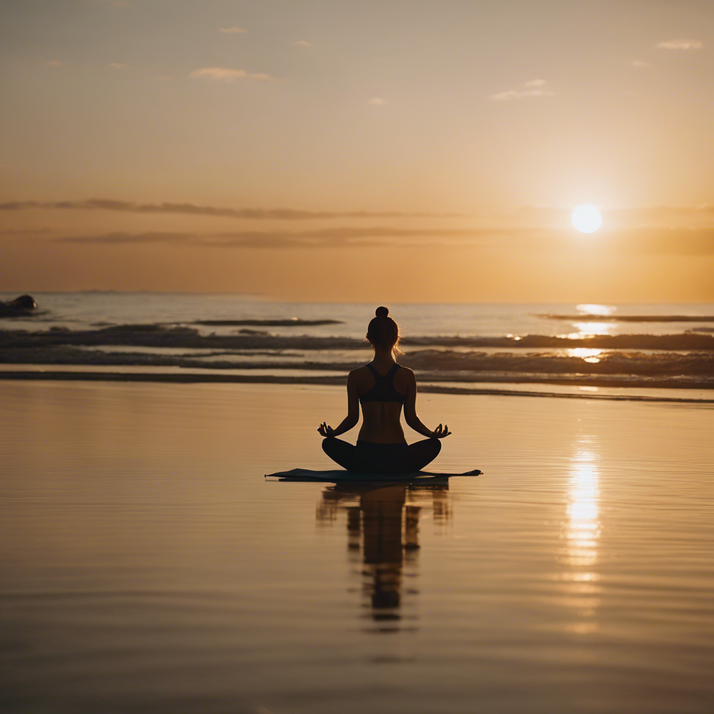 An image showcasing a serene beach scene at sunset, with a person practicing yoga on the shore