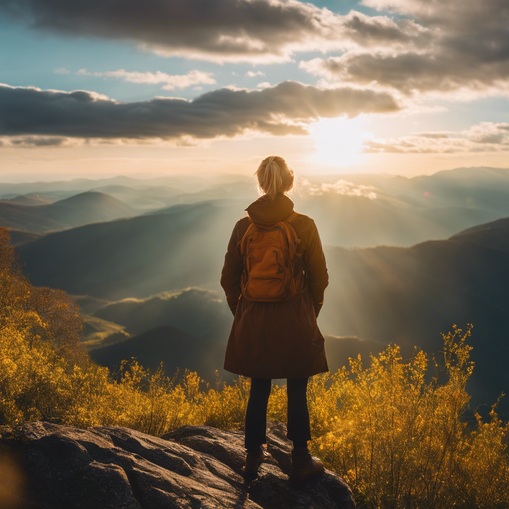 An image of a person standing confidently on a mountaintop, surrounded by vibrant rays of sunlight