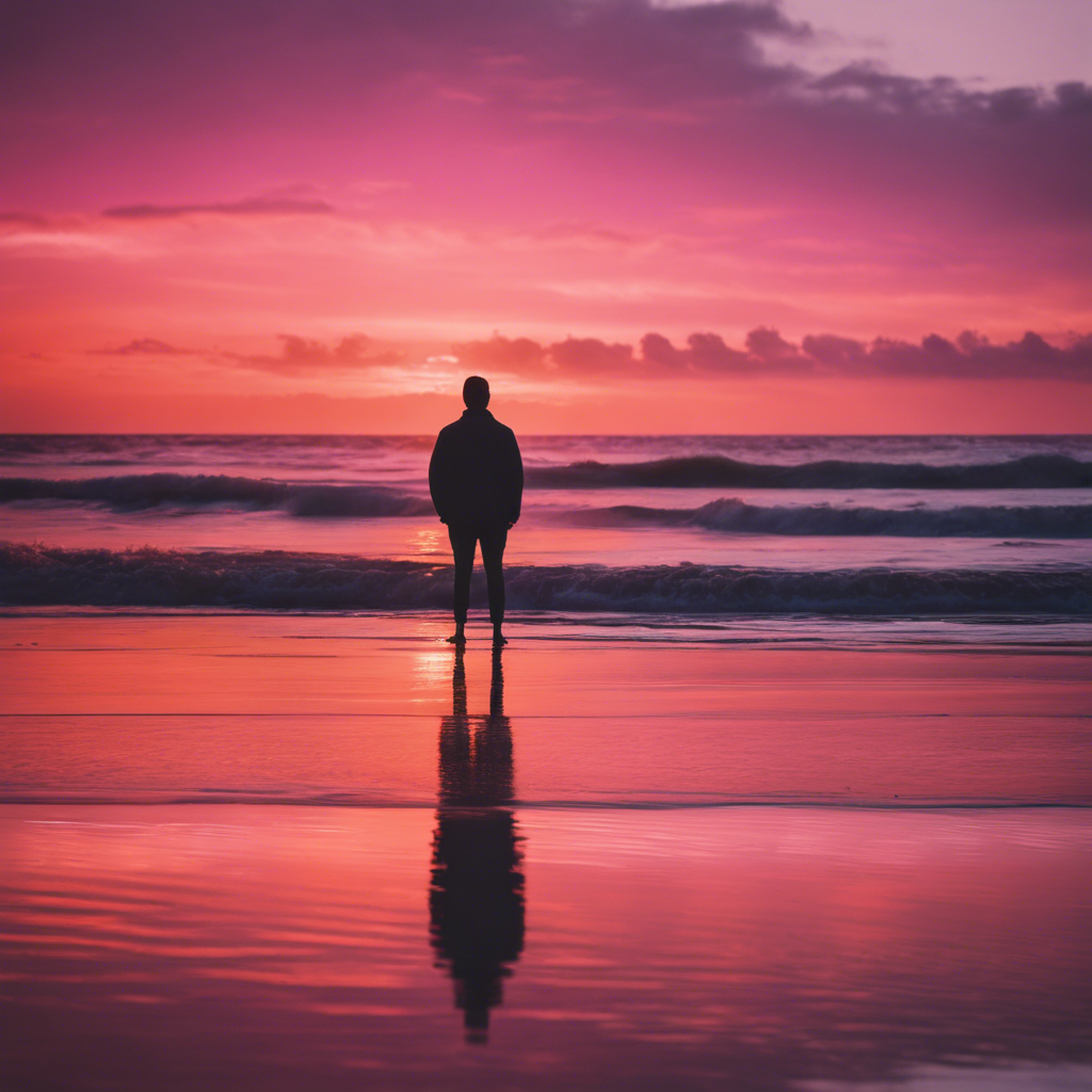 An image of a serene beach at sunrise, with vibrant hues of pink and orange filling the sky