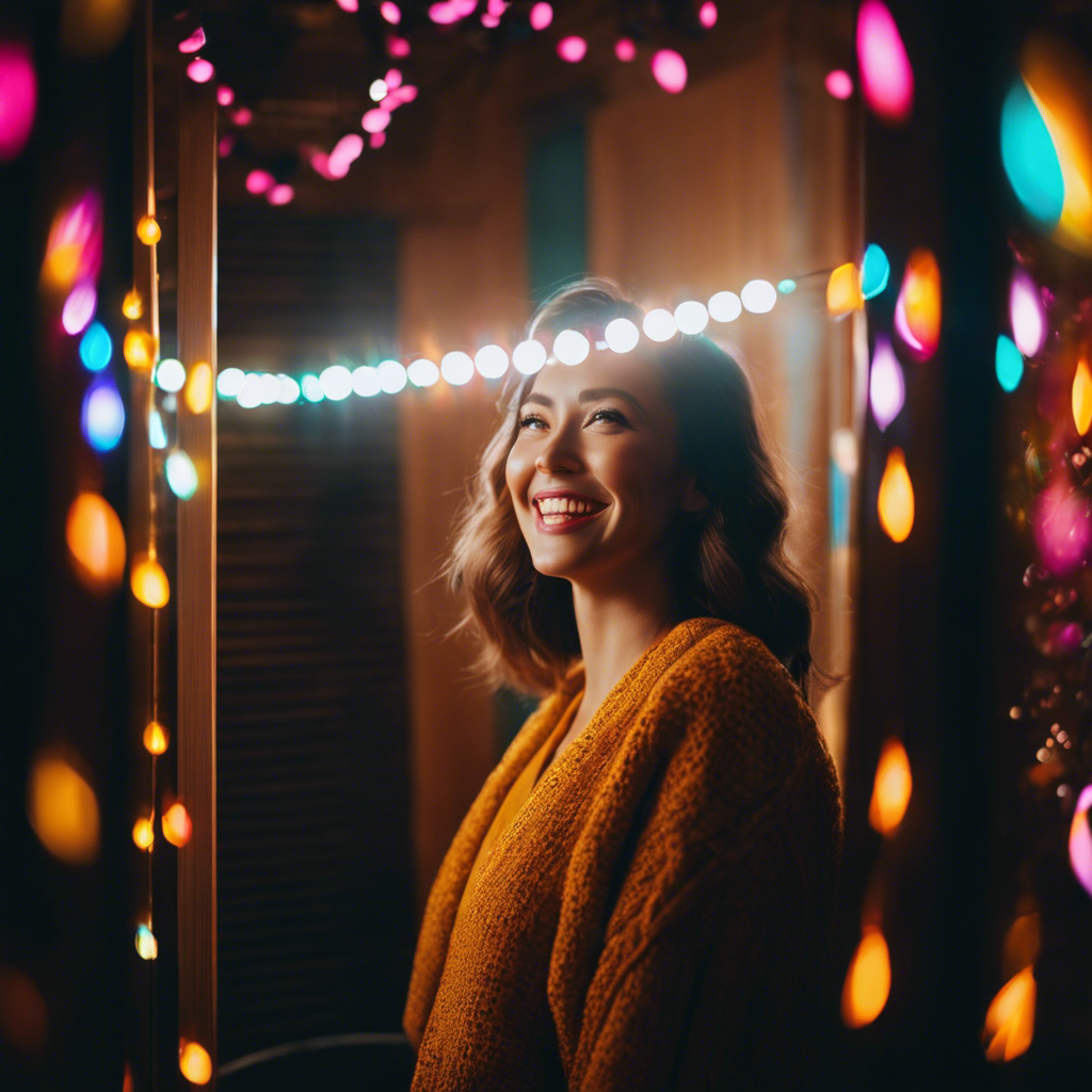 An image depicting a person standing in front of a mirror with a bright, genuine smile, reflecting confidence and self-love