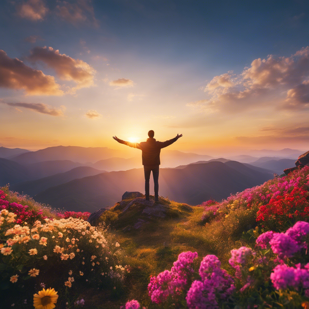 An image showcasing a serene setting with a person standing on a mountaintop, arms outstretched, surrounded by vibrant flowers and a golden sunrise, symbolizing the biblical concept of positive affirmations